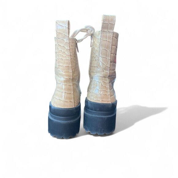 Urban Outfitters Beige Croc-Embossed Lace-Up Combat Boots With Chunky Black Sole - Picture 3 of 7